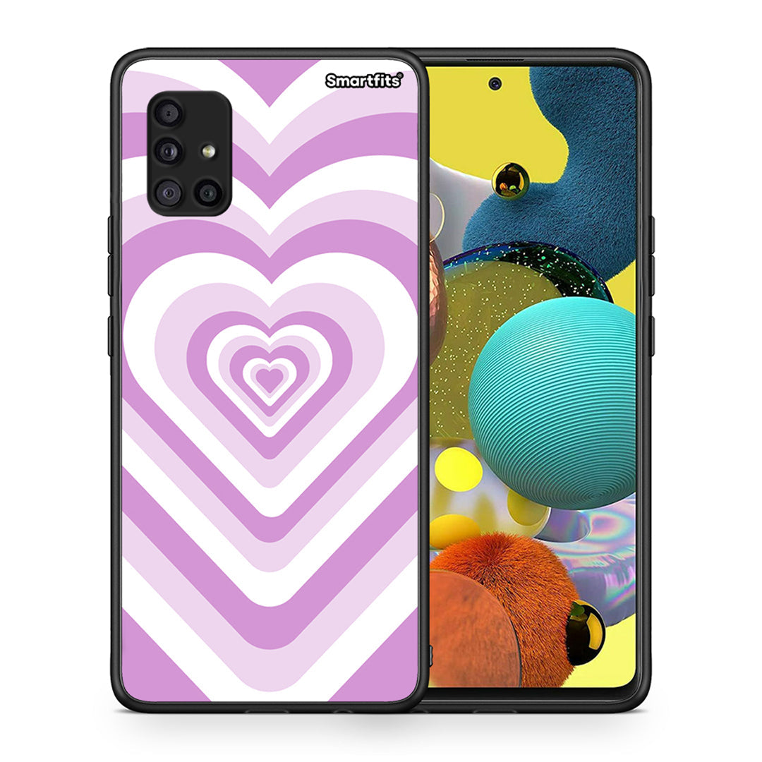 Θήκη Samsung Galaxy A51 5G Lilac Hearts από τη Smartfits με σχέδιο στο πίσω μέρος και μαύρο περίβλημα | Samsung Galaxy A51 5G Lilac Hearts case with colorful back and black bezels