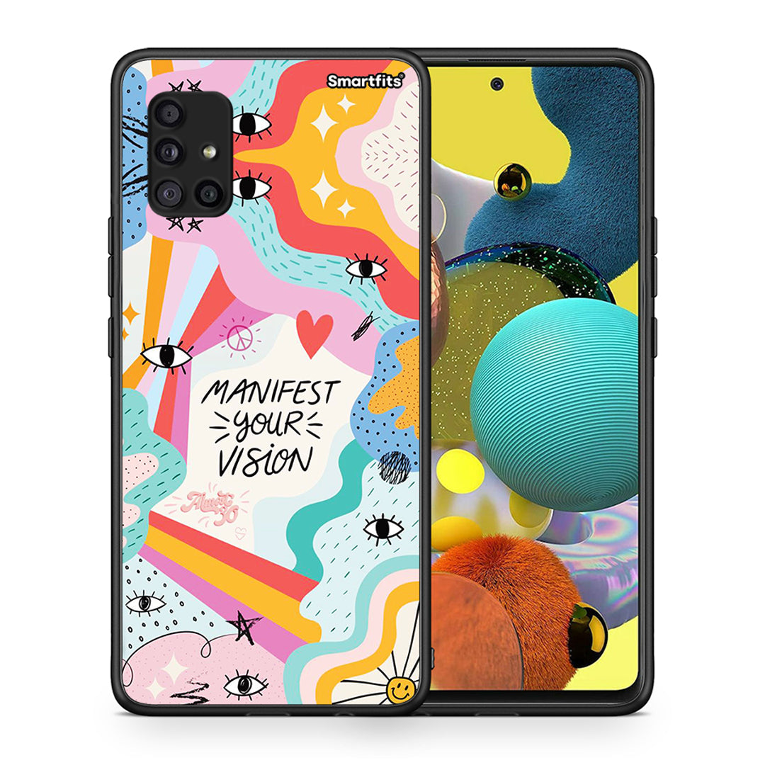 Θήκη Samsung Galaxy A51 5G Manifest Your Vision από τη Smartfits με σχέδιο στο πίσω μέρος και μαύρο περίβλημα | Samsung Galaxy A51 5G Manifest Your Vision case with colorful back and black bezels