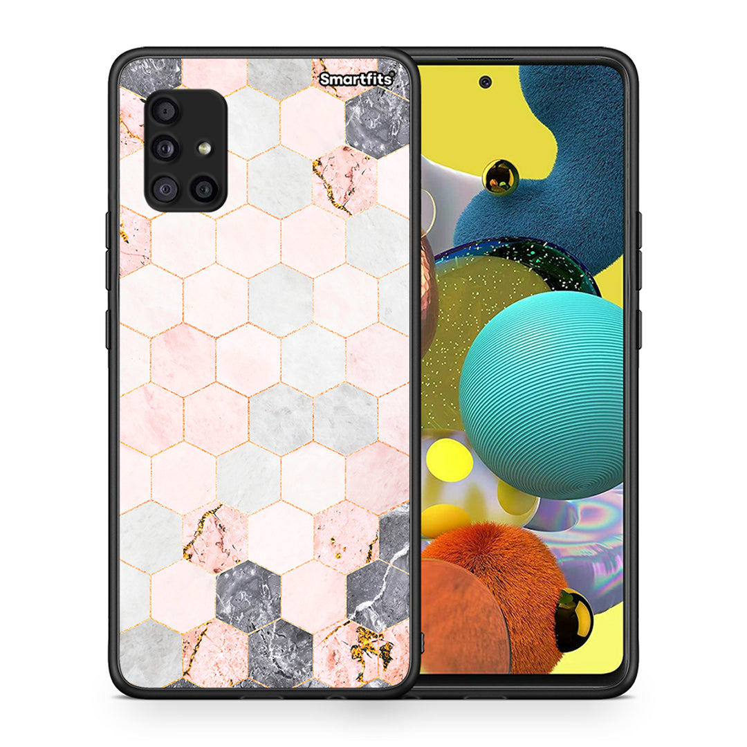 Θήκη Samsung Galaxy A51 5G Hexagon Pink Marble από τη Smartfits με σχέδιο στο πίσω μέρος και μαύρο περίβλημα | Samsung Galaxy A51 5G Hexagon Pink Marble case with colorful back and black bezels