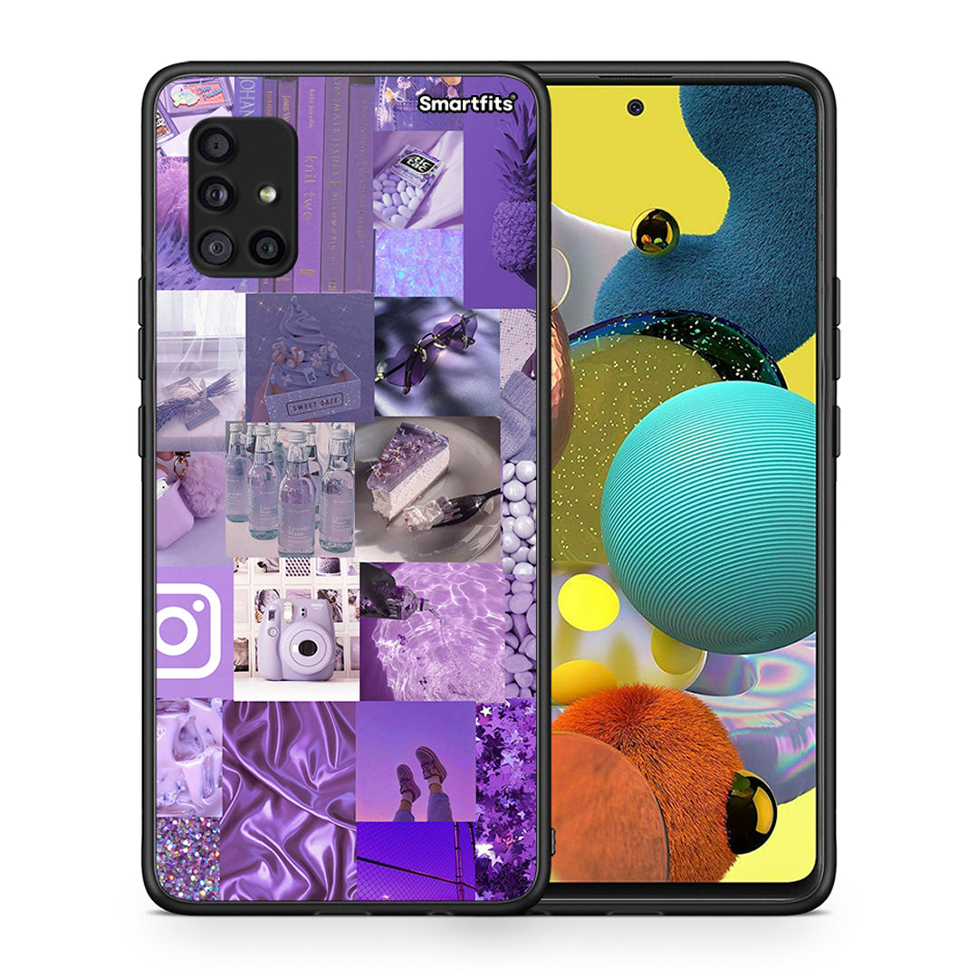 Θήκη Samsung Galaxy A51 5G Purple Aesthetic Collage από τη Smartfits με σχέδιο στο πίσω μέρος και μαύρο περίβλημα | Samsung Galaxy A51 5G Purple Aesthetic Collage case with colorful back and black bezels