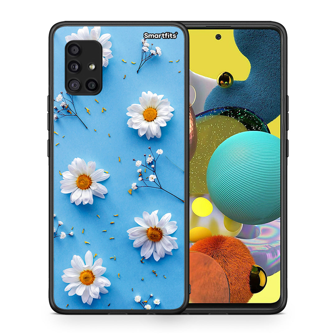 Θήκη Samsung Galaxy A51 5G Real Daisies από τη Smartfits με σχέδιο στο πίσω μέρος και μαύρο περίβλημα | Samsung Galaxy A51 5G Real Daisies case with colorful back and black bezels