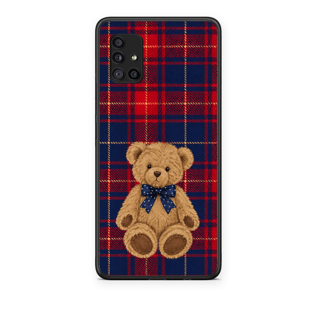 Θήκη Samsung Galaxy A51 5G Teddy Bear on Red and Navy Tartan από τη Smartfits με σχέδιο στο πίσω μέρος και μαύρο περίβλημα | Samsung Galaxy A51 5G Teddy Bear on Red and Navy Tartan case with colorful back and black bezels