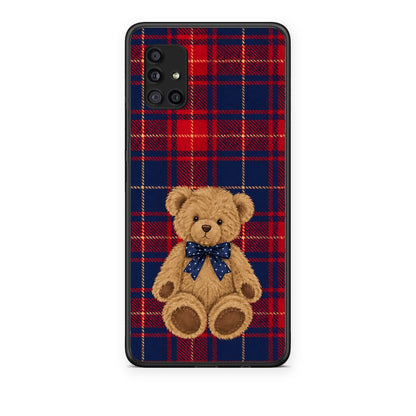 Θήκη Samsung Galaxy A51 5G Teddy Bear on Red and Navy Tartan από τη Smartfits με σχέδιο στο πίσω μέρος και μαύρο περίβλημα | Samsung Galaxy A51 5G Teddy Bear on Red and Navy Tartan case with colorful back and black bezels