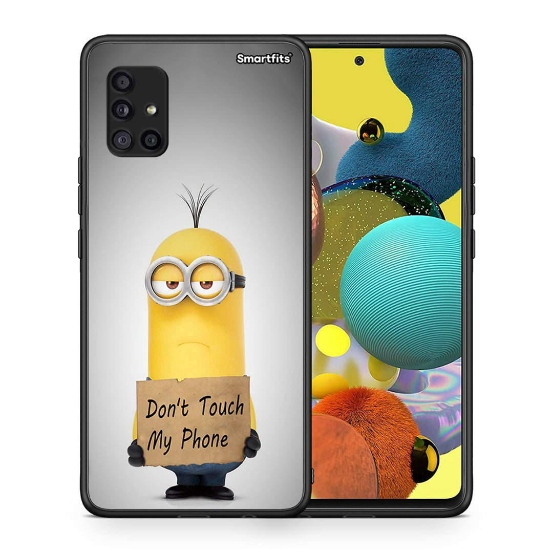 Θήκη Samsung Galaxy A51 5G Minion Text από τη Smartfits με σχέδιο στο πίσω μέρος και μαύρο περίβλημα | Samsung Galaxy A51 5G Minion Text case with colorful back and black bezels