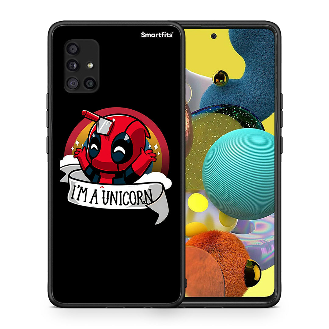 Θήκη Samsung Galaxy A51 5G Unicorn Deadpool από τη Smartfits με σχέδιο στο πίσω μέρος και μαύρο περίβλημα | Samsung Galaxy A51 5G Unicorn Deadpool case with colorful back and black bezels