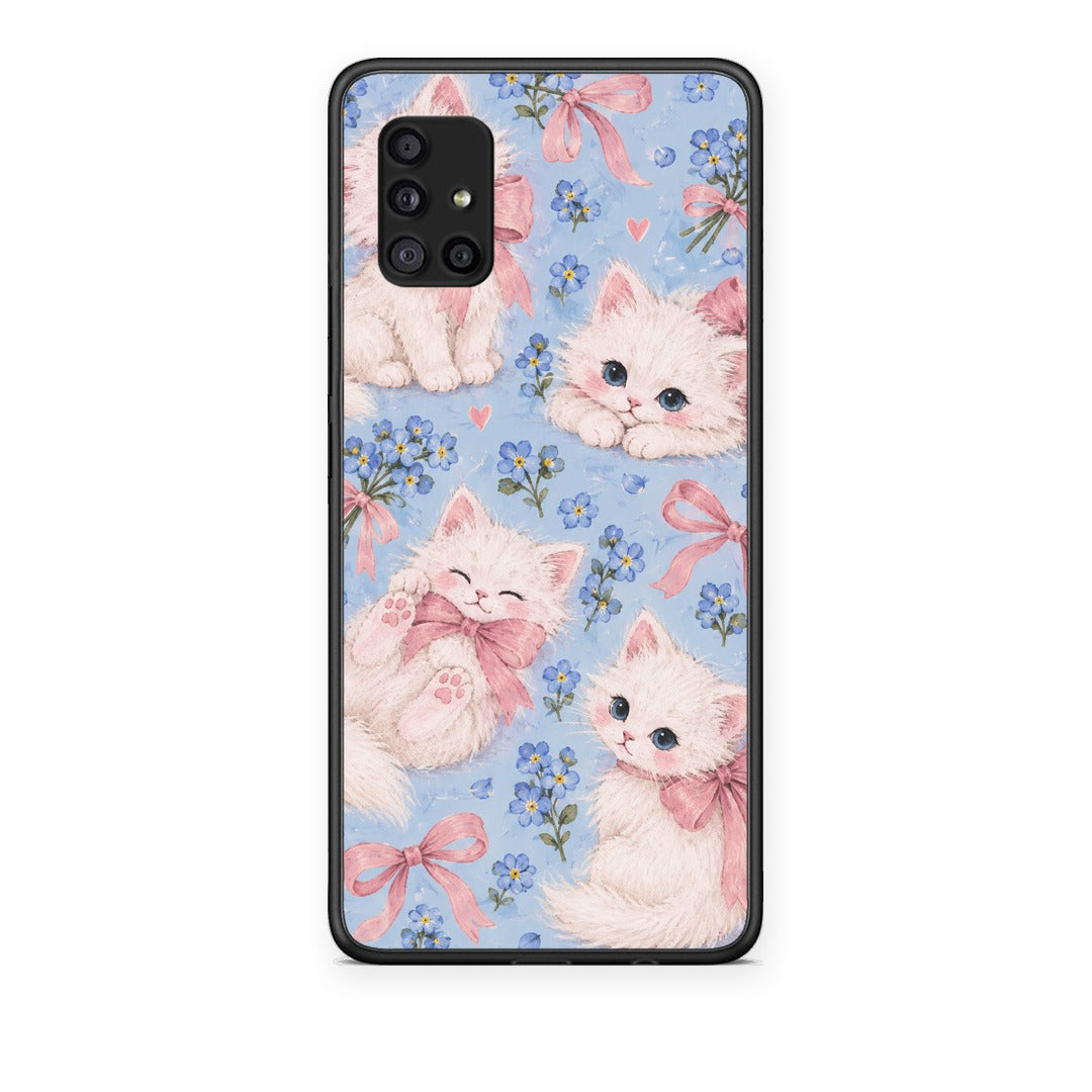 Θήκη Samsung Galaxy A51 5G White Kittens and Blue Flowers Large από τη Smartfits με σχέδιο στο πίσω μέρος και μαύρο περίβλημα | Samsung Galaxy A51 5G White Kittens and Blue Flowers Large case with colorful back and black bezels