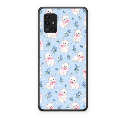 Θήκη Samsung Galaxy A51 5G White Kittens and Blue Flowers Small από τη Smartfits με σχέδιο στο πίσω μέρος και μαύρο περίβλημα | Samsung Galaxy A51 5G White Kittens and Blue Flowers Small case with colorful back and black bezels
