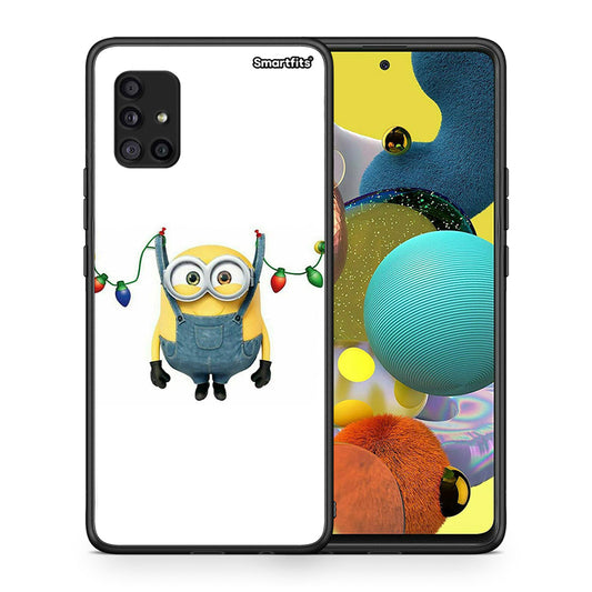 Θήκη Samsung Galaxy A51 5G Xmas Minion Lights από τη Smartfits με σχέδιο στο πίσω μέρος και μαύρο περίβλημα | Samsung Galaxy A51 5G Xmas Minion Lights case with colorful back and black bezels
