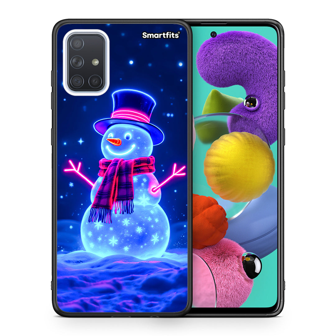 Θήκη Samsung A51 Christmas Neon Snowman από τη Smartfits με σχέδιο στο πίσω μέρος και μαύρο περίβλημα | Samsung A51 Christmas Neon Snowman case with colorful back and black bezels