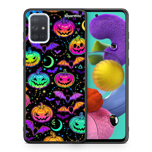 Θήκη Samsung A51 Neon Halloween από τη Smartfits με σχέδιο στο πίσω μέρος και μαύρο περίβλημα | Samsung A51 Neon Halloween case with colorful back and black bezels