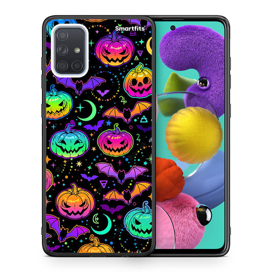 Θήκη Samsung A51 Neon Halloween από τη Smartfits με σχέδιο στο πίσω μέρος και μαύρο περίβλημα | Samsung A51 Neon Halloween case with colorful back and black bezels