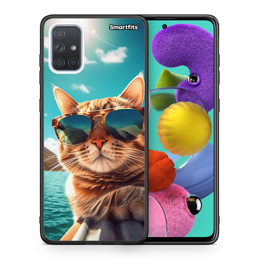 Θήκη Samsung A51 Summer Cat από τη Smartfits με σχέδιο στο πίσω μέρος και μαύρο περίβλημα | Samsung A51 Summer Cat case with colorful back and black bezels