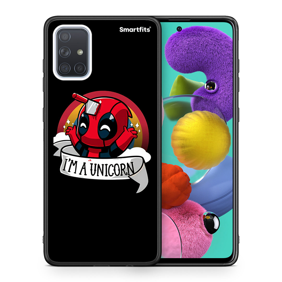 Θήκη Samsung A51 Unicorn Deadpool από τη Smartfits με σχέδιο στο πίσω μέρος και μαύρο περίβλημα | Samsung A51 Unicorn Deadpool case with colorful back and black bezels