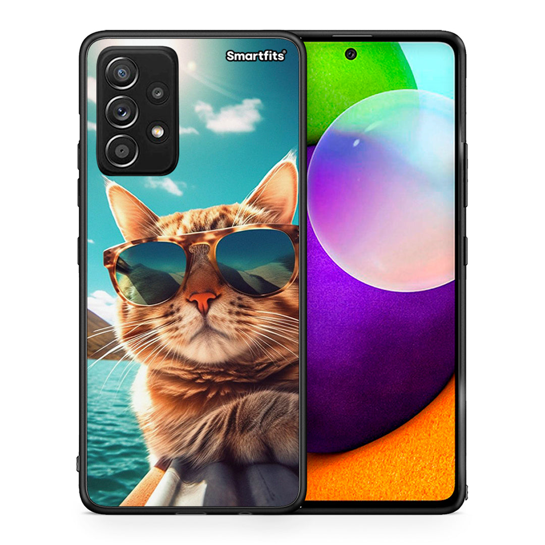 Θήκη Samsung Galaxy A52 Summer Cat από τη Smartfits με σχέδιο στο πίσω μέρος και μαύρο περίβλημα | Samsung Galaxy A52 Summer Cat case with colorful back and black bezels