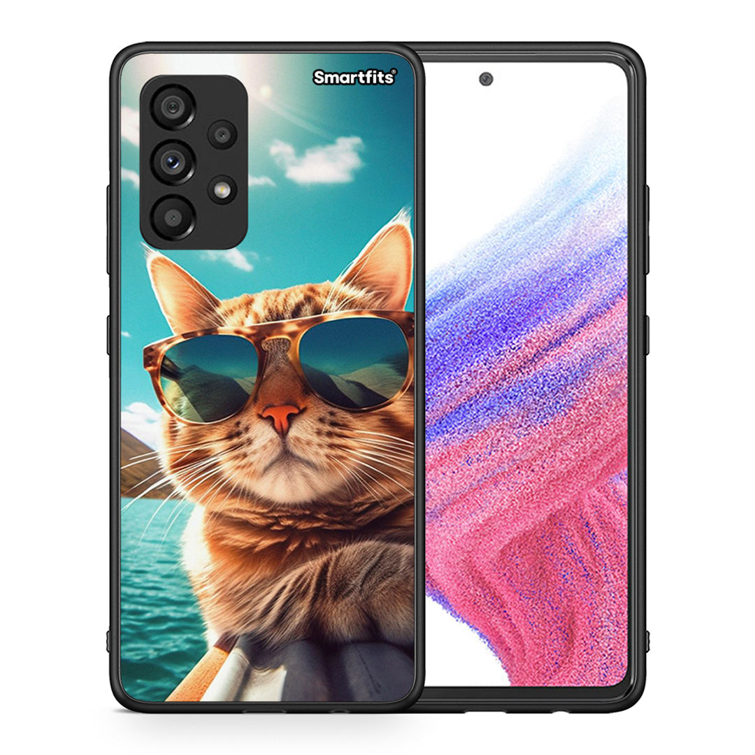 Θήκη Samsung A53 5G Summer Cat από τη Smartfits με σχέδιο στο πίσω μέρος και μαύρο περίβλημα | Samsung A53 5G Summer Cat case with colorful back and black bezels