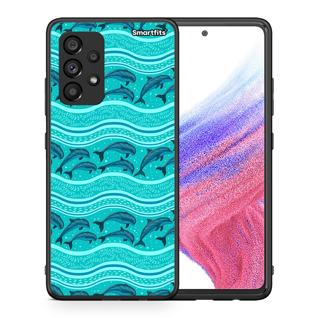 Θήκη Samsung A53 5G Swimming Dolphins από τη Smartfits με σχέδιο στο πίσω μέρος και μαύρο περίβλημα | Samsung A53 5G Swimming Dolphins case with colorful back and black bezels