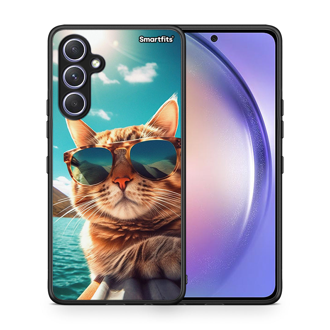 Θήκη Samsung Galaxy A54 Summer Cat από τη Smartfits με σχέδιο στο πίσω μέρος και μαύρο περίβλημα | Samsung Galaxy A54 Summer Cat Case with Colorful Back and Black Bezels
