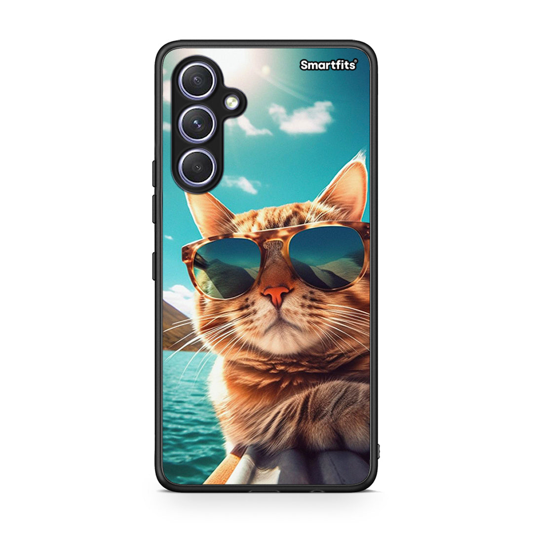 Θήκη Samsung Galaxy A54 Summer Cat από τη Smartfits με σχέδιο στο πίσω μέρος και μαύρο περίβλημα | Samsung Galaxy A54 Summer Cat Case with Colorful Back and Black Bezels