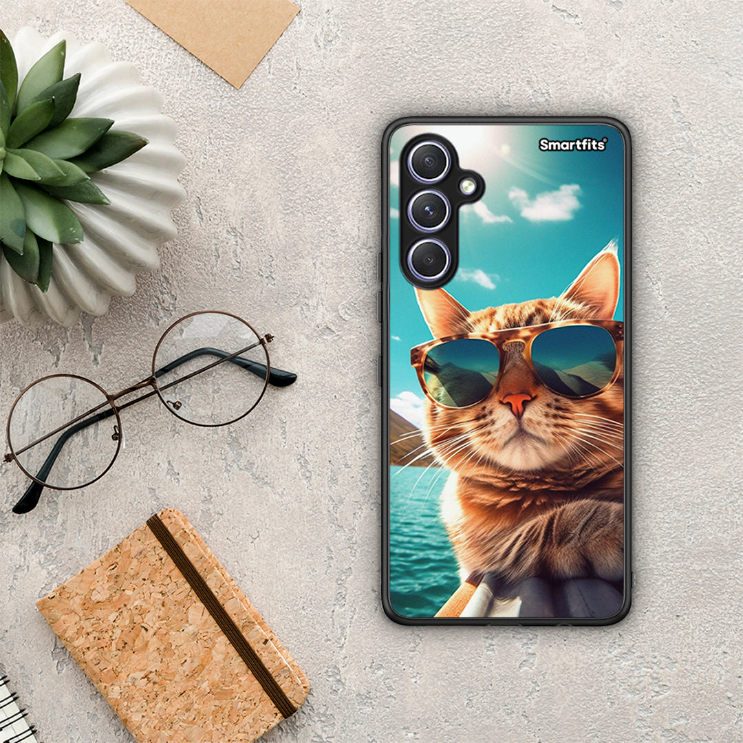 Θήκη Samsung Galaxy A54 Summer Cat από τη Smartfits με σχέδιο στο πίσω μέρος και μαύρο περίβλημα | Samsung Galaxy A54 Summer Cat Case with Colorful Back and Black Bezels