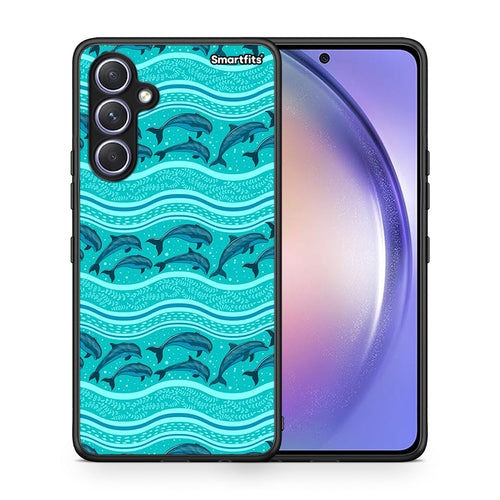 Θήκη Samsung Galaxy A54 Swimming Dolphins από τη Smartfits με σχέδιο στο πίσω μέρος και μαύρο περίβλημα | Samsung Galaxy A54 Swimming Dolphins Case with Colorful Back and Black Bezels