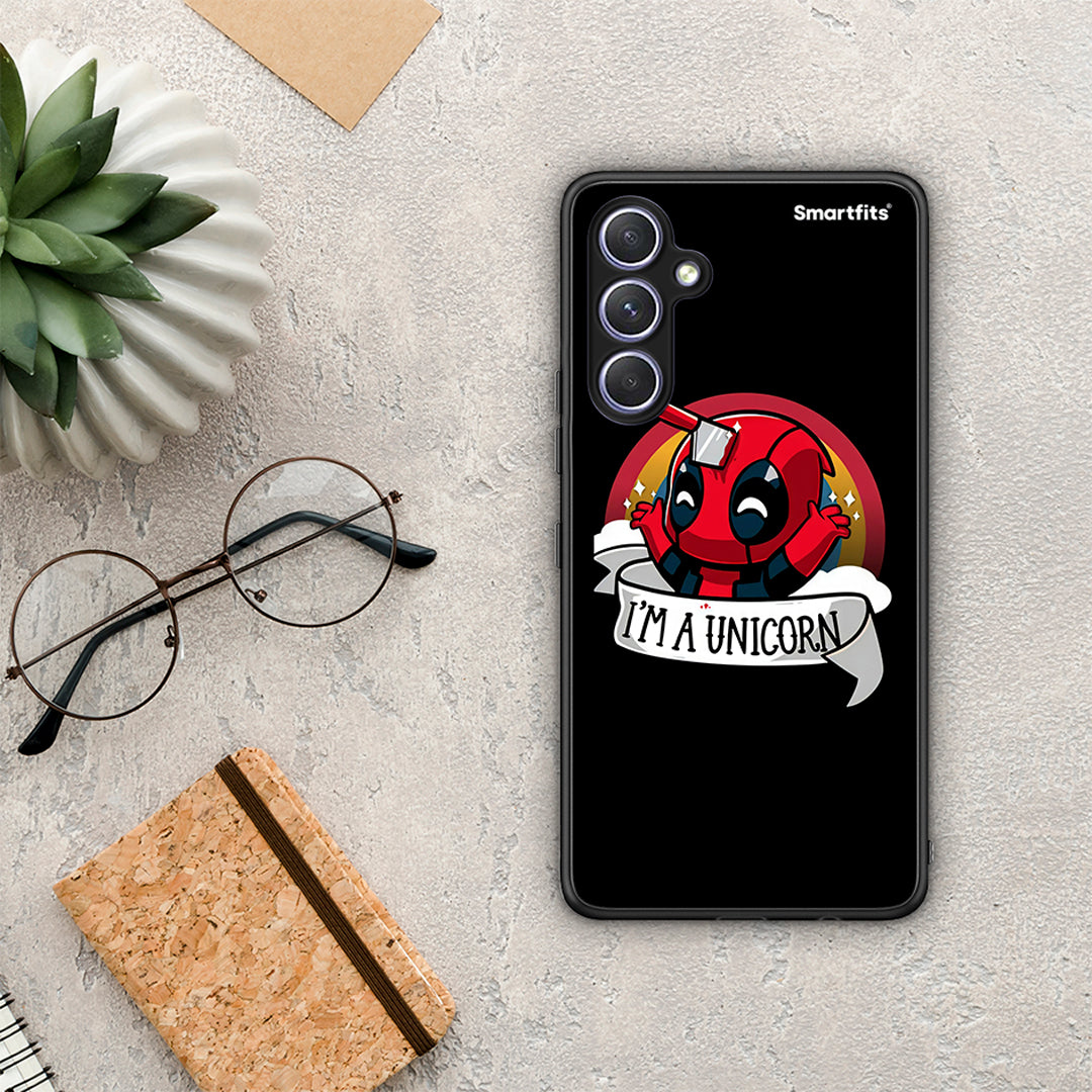 Θήκη Samsung Galaxy A54 Unicorn Deadpool από τη Smartfits με σχέδιο στο πίσω μέρος και μαύρο περίβλημα | Samsung Galaxy A54 Unicorn Deadpool Case with Colorful Back and Black Bezels