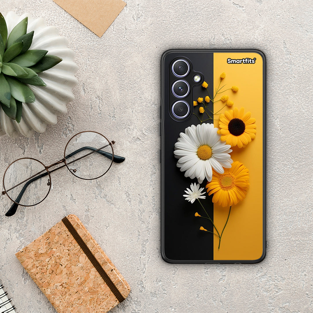 Θήκη Samsung Galaxy A54 Yellow Daisies από τη Smartfits με σχέδιο στο πίσω μέρος και μαύρο περίβλημα | Samsung Galaxy A54 Yellow Daisies Case with Colorful Back and Black Bezels