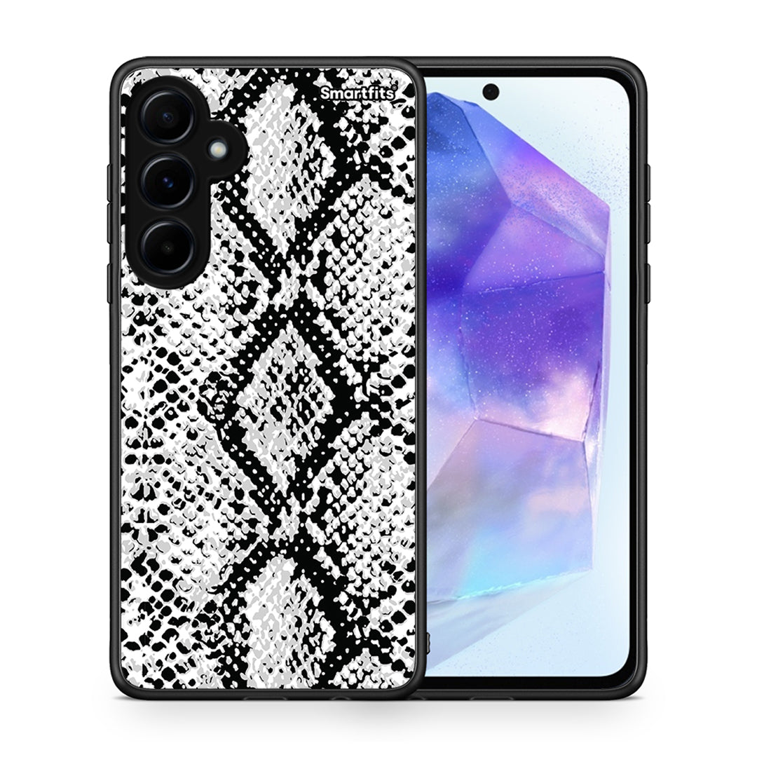 Θήκη Samsung Galaxy A55 White Snake Animal από τη Smartfits με σχέδιο στο πίσω μέρος και μαύρο περίβλημα | Samsung Galaxy A55 White Snake Animal case with colorful back and black bezels