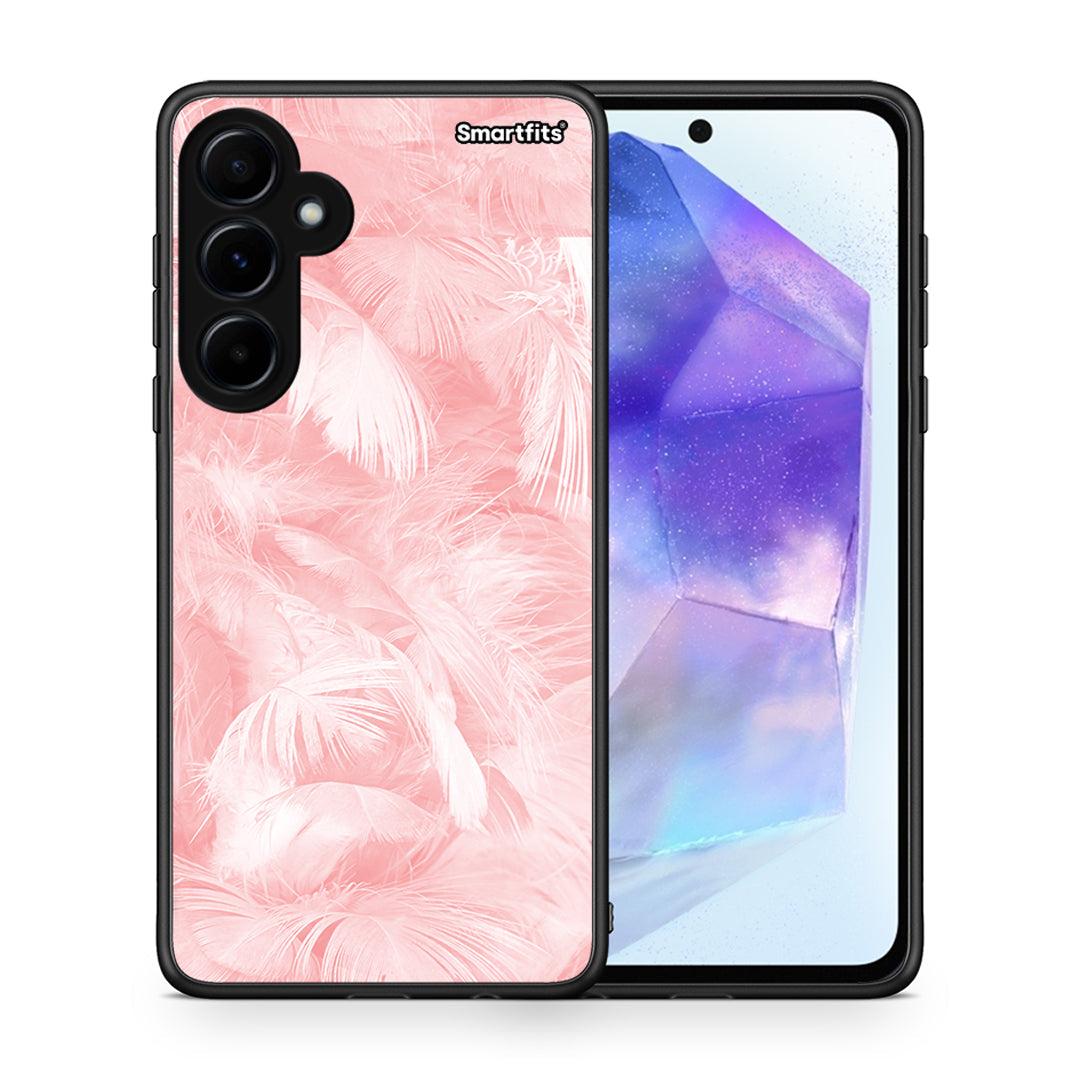 Θήκη Samsung Galaxy A55 Pink Feather Boho από τη Smartfits με σχέδιο στο πίσω μέρος και μαύρο περίβλημα | Samsung Galaxy A55 Pink Feather Boho case with colorful back and black bezels