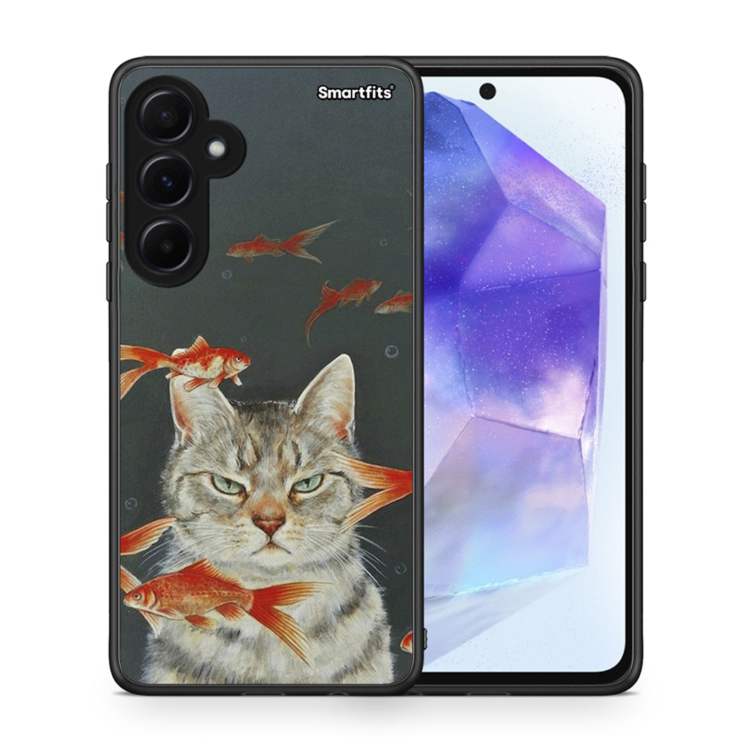 Θήκη Samsung Galaxy A55 Cat Goldfish από τη Smartfits με σχέδιο στο πίσω μέρος και μαύρο περίβλημα | Samsung Galaxy A55 Cat Goldfish case with colorful back and black bezels