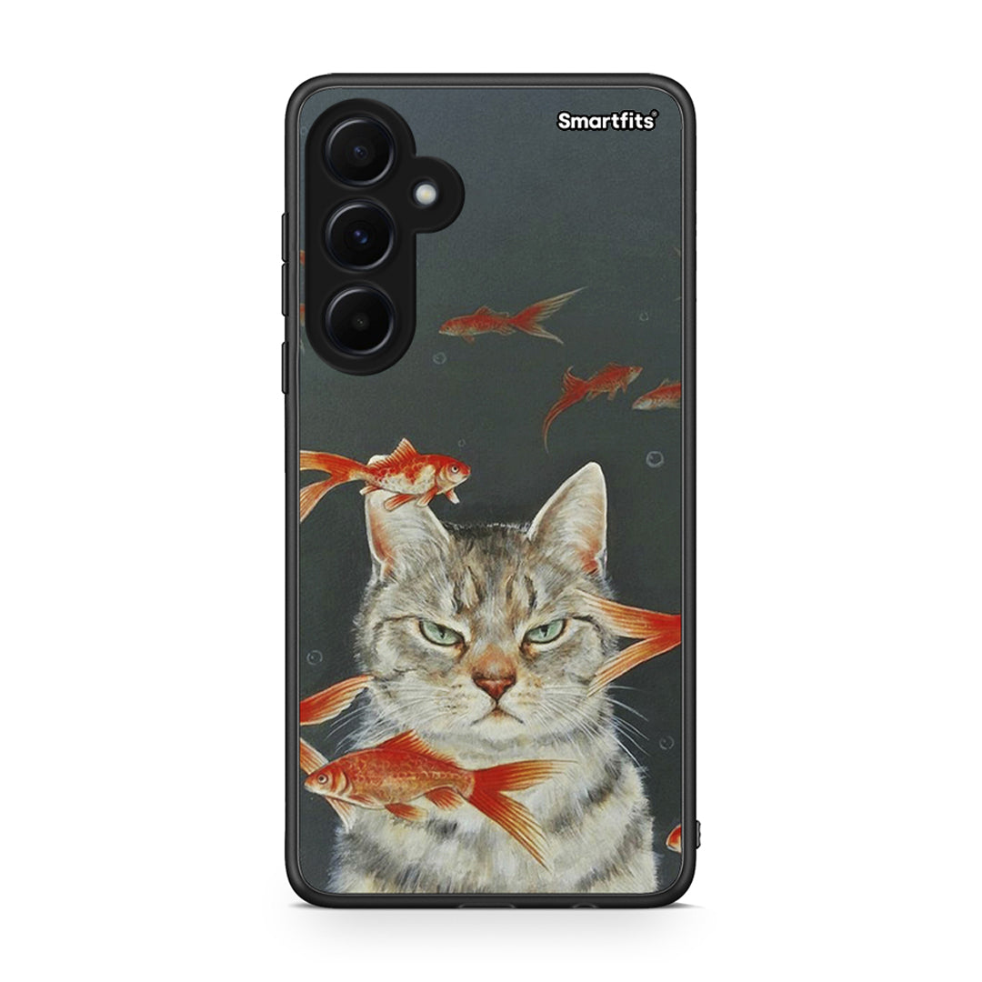 Samsung Galaxy A55 Cat Goldfish θήκη από τη Smartfits με σχέδιο στο πίσω μέρος και μαύρο περίβλημα | Smartphone case with colorful back and black bezels by Smartfits