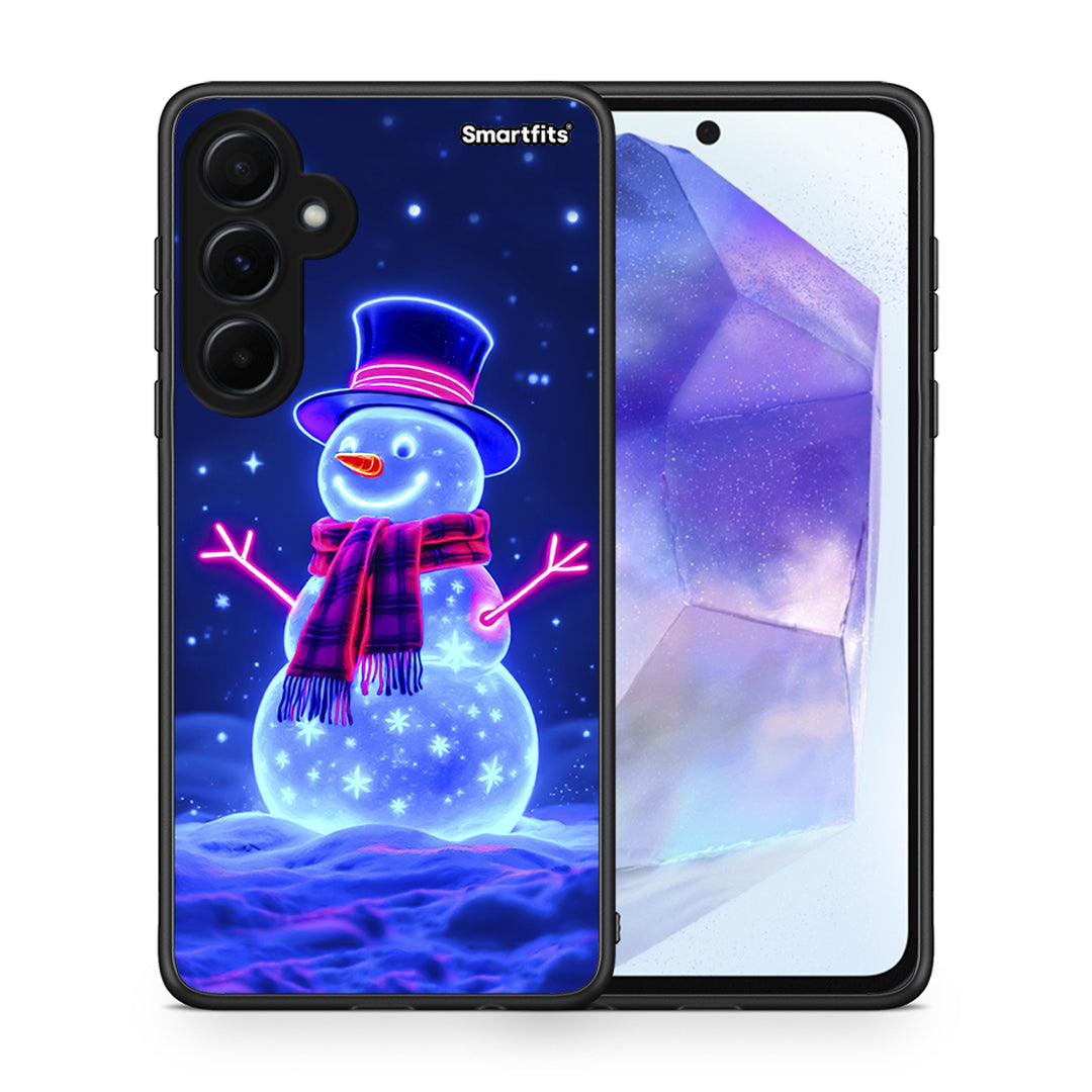 Θήκη Samsung Galaxy A55 Christmas Neon Snowman από τη Smartfits με σχέδιο στο πίσω μέρος και μαύρο περίβλημα | Samsung Galaxy A55 Christmas Neon Snowman case with colorful back and black bezels