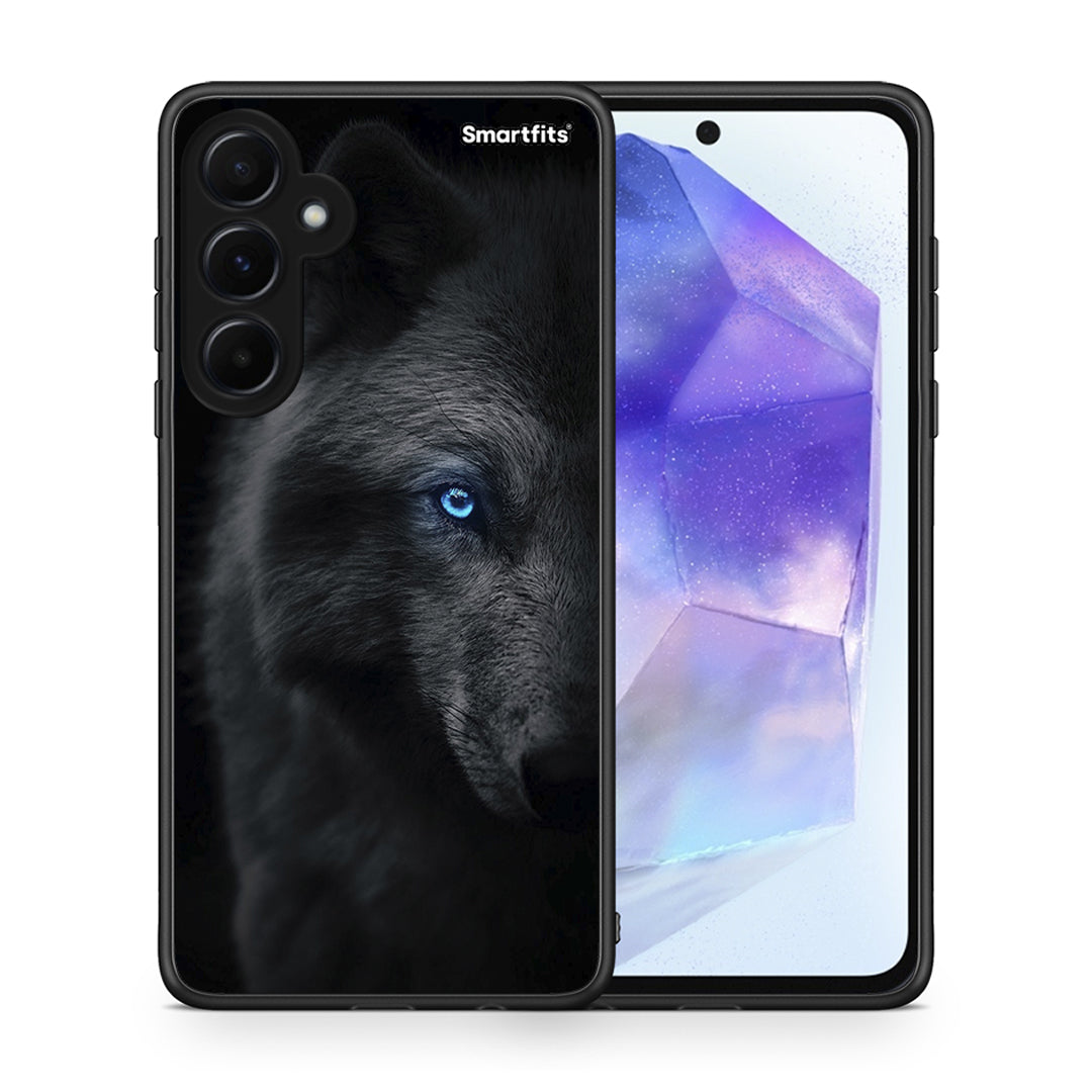 Θήκη Samsung Galaxy A55 Dark Wolf από τη Smartfits με σχέδιο στο πίσω μέρος και μαύρο περίβλημα | Samsung Galaxy A55 Dark Wolf case with colorful back and black bezels