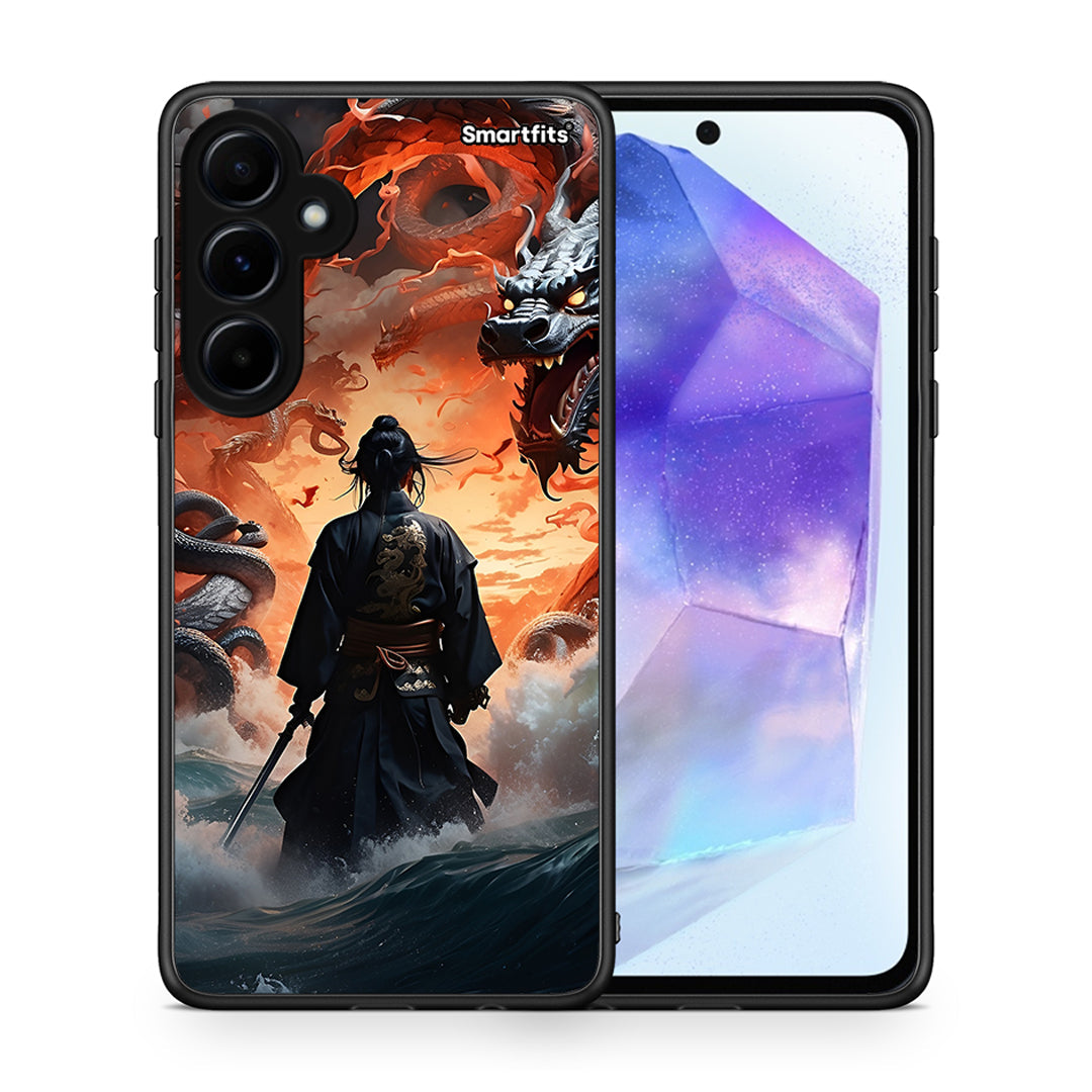 Θήκη Samsung Galaxy A55 Dragons Fight από τη Smartfits με σχέδιο στο πίσω μέρος και μαύρο περίβλημα | Samsung Galaxy A55 Dragons Fight case with colorful back and black bezels