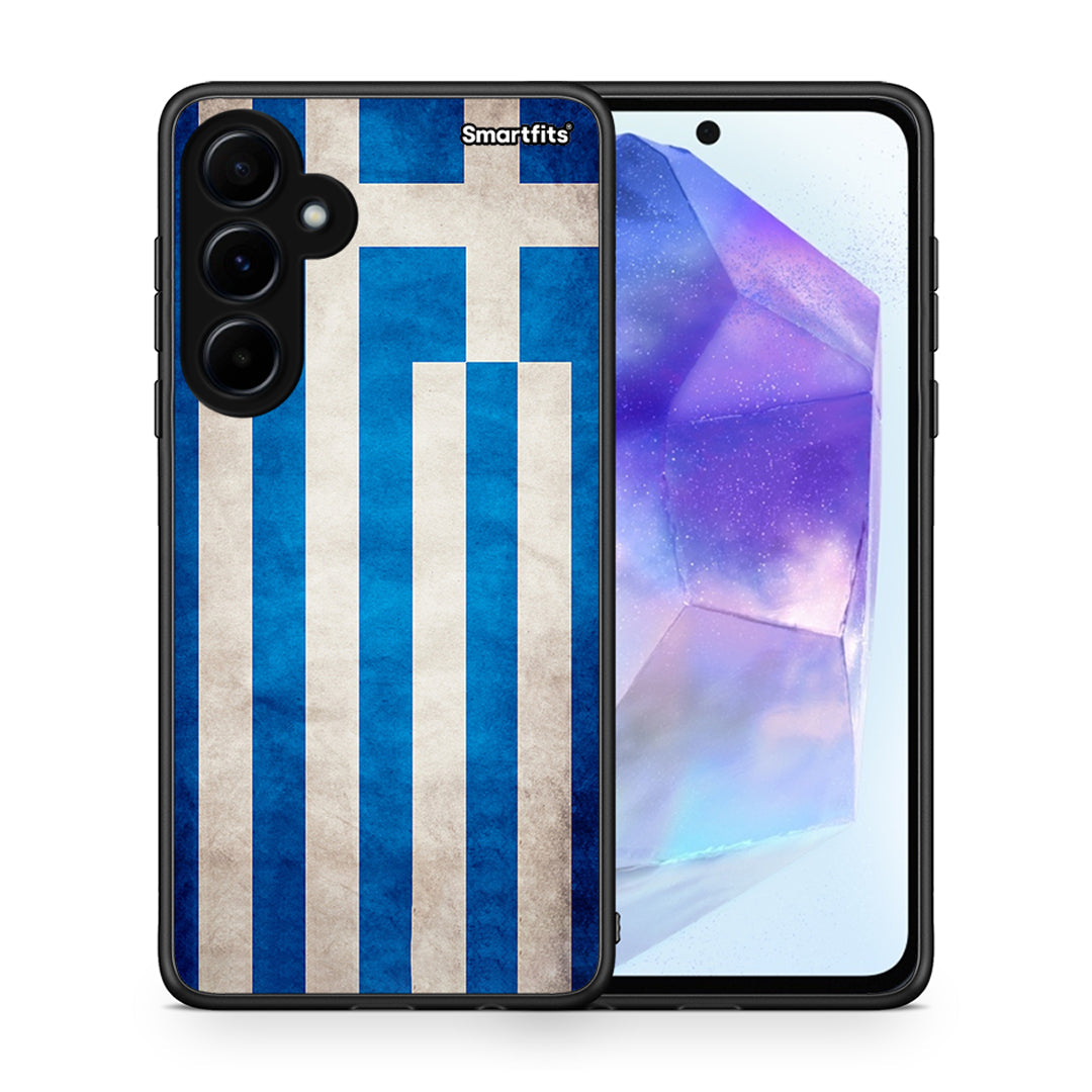 Θήκη Samsung Galaxy A55 Greek Flag από τη Smartfits με σχέδιο στο πίσω μέρος και μαύρο περίβλημα | Samsung Galaxy A55 Greek Flag case with colorful back and black bezels