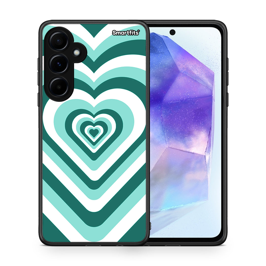 Θήκη Samsung Galaxy A55 Green Hearts από τη Smartfits με σχέδιο στο πίσω μέρος και μαύρο περίβλημα | Samsung Galaxy A55 Green Hearts case with colorful back and black bezels