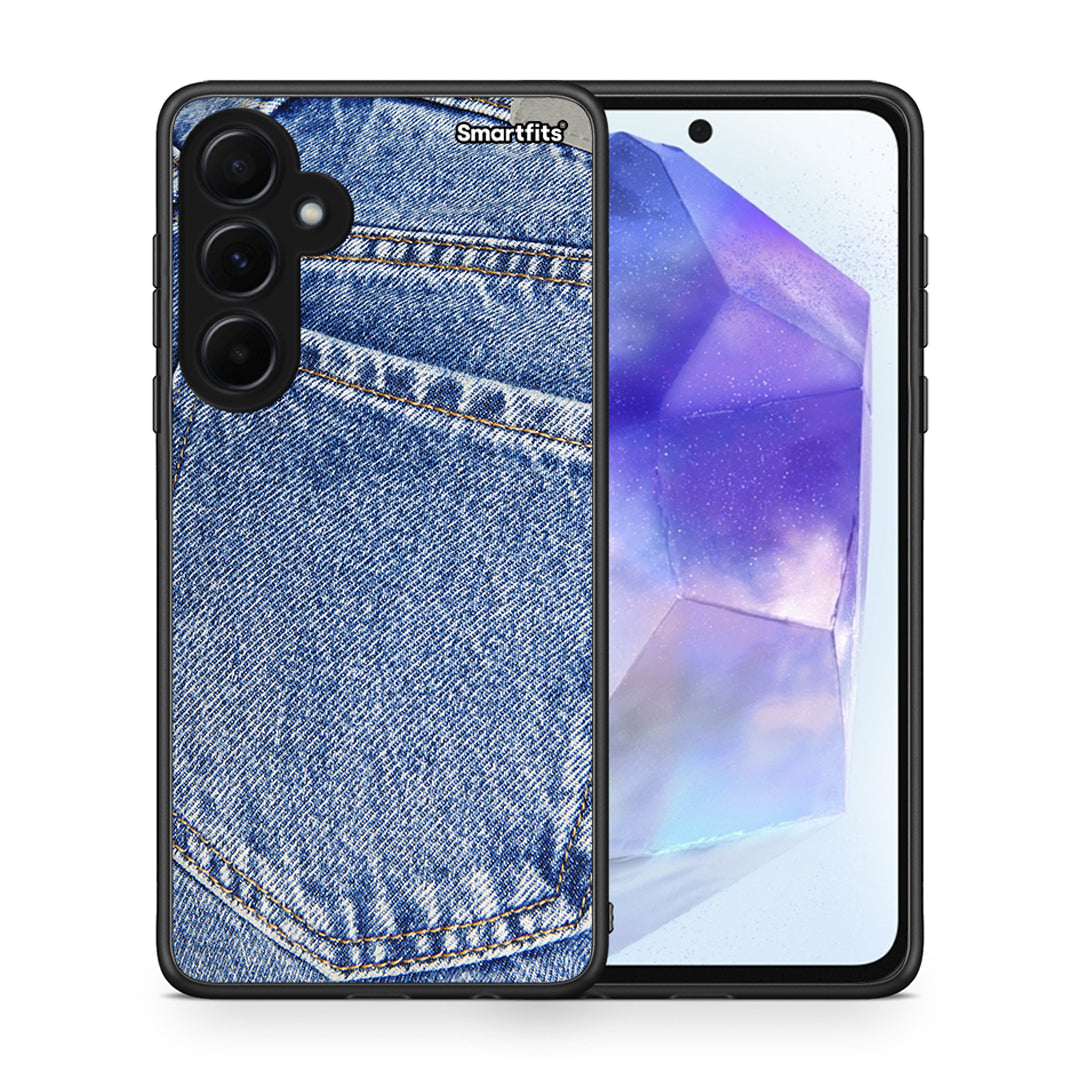 Θήκη Samsung Galaxy A55 Jeans Pocket από τη Smartfits με σχέδιο στο πίσω μέρος και μαύρο περίβλημα | Samsung Galaxy A55 Jeans Pocket case with colorful back and black bezels