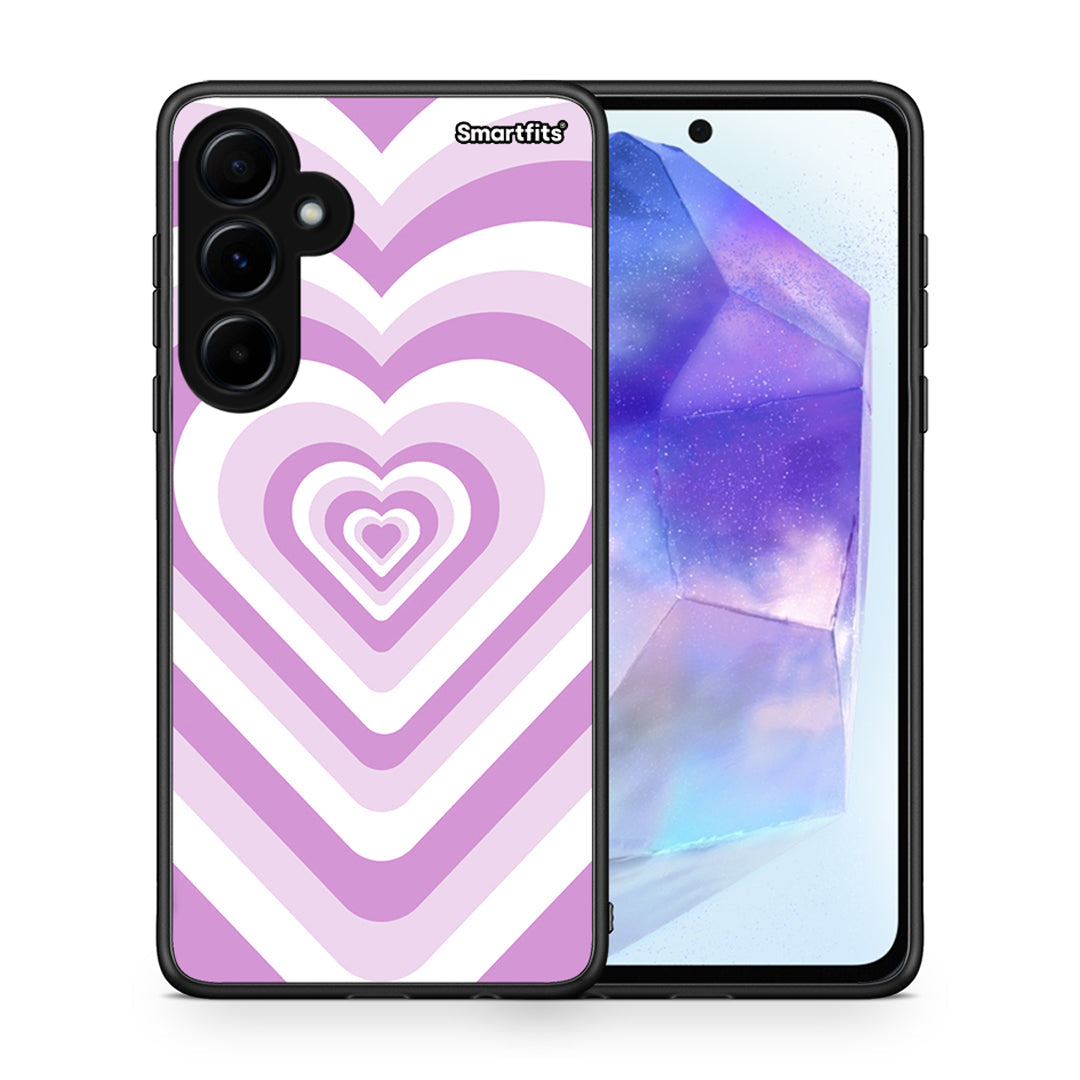 Θήκη Samsung Galaxy A55 Lilac Hearts από τη Smartfits με σχέδιο στο πίσω μέρος και μαύρο περίβλημα | Samsung Galaxy A55 Lilac Hearts case with colorful back and black bezels