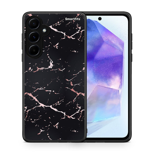 Θήκη Samsung Galaxy A55 Black Rosegold Marble από τη Smartfits με σχέδιο στο πίσω μέρος και μαύρο περίβλημα | Samsung Galaxy A55 Black Rosegold Marble case with colorful back and black bezels