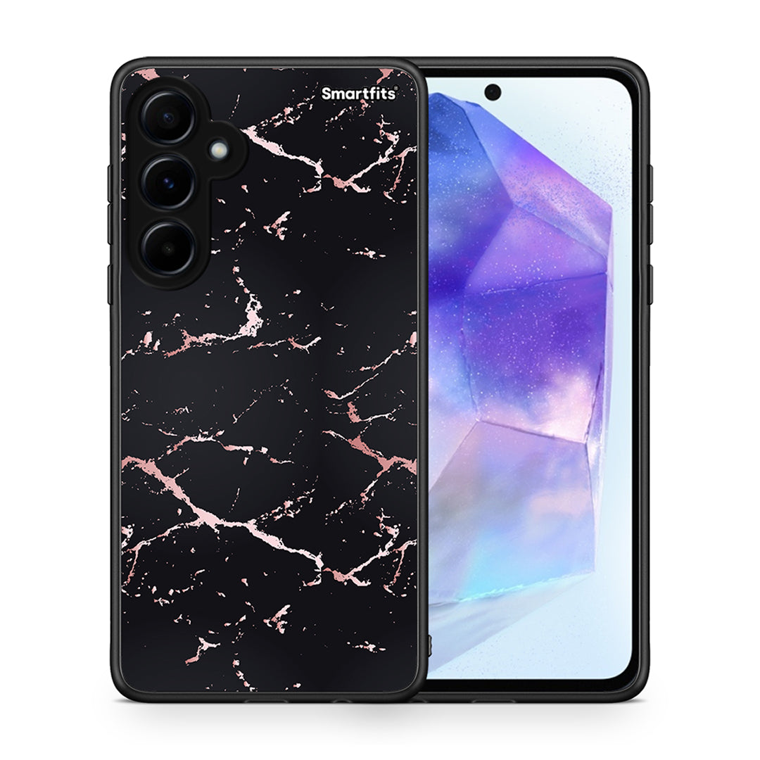 Θήκη Samsung Galaxy A55 Black Rosegold Marble από τη Smartfits με σχέδιο στο πίσω μέρος και μαύρο περίβλημα | Samsung Galaxy A55 Black Rosegold Marble case with colorful back and black bezels