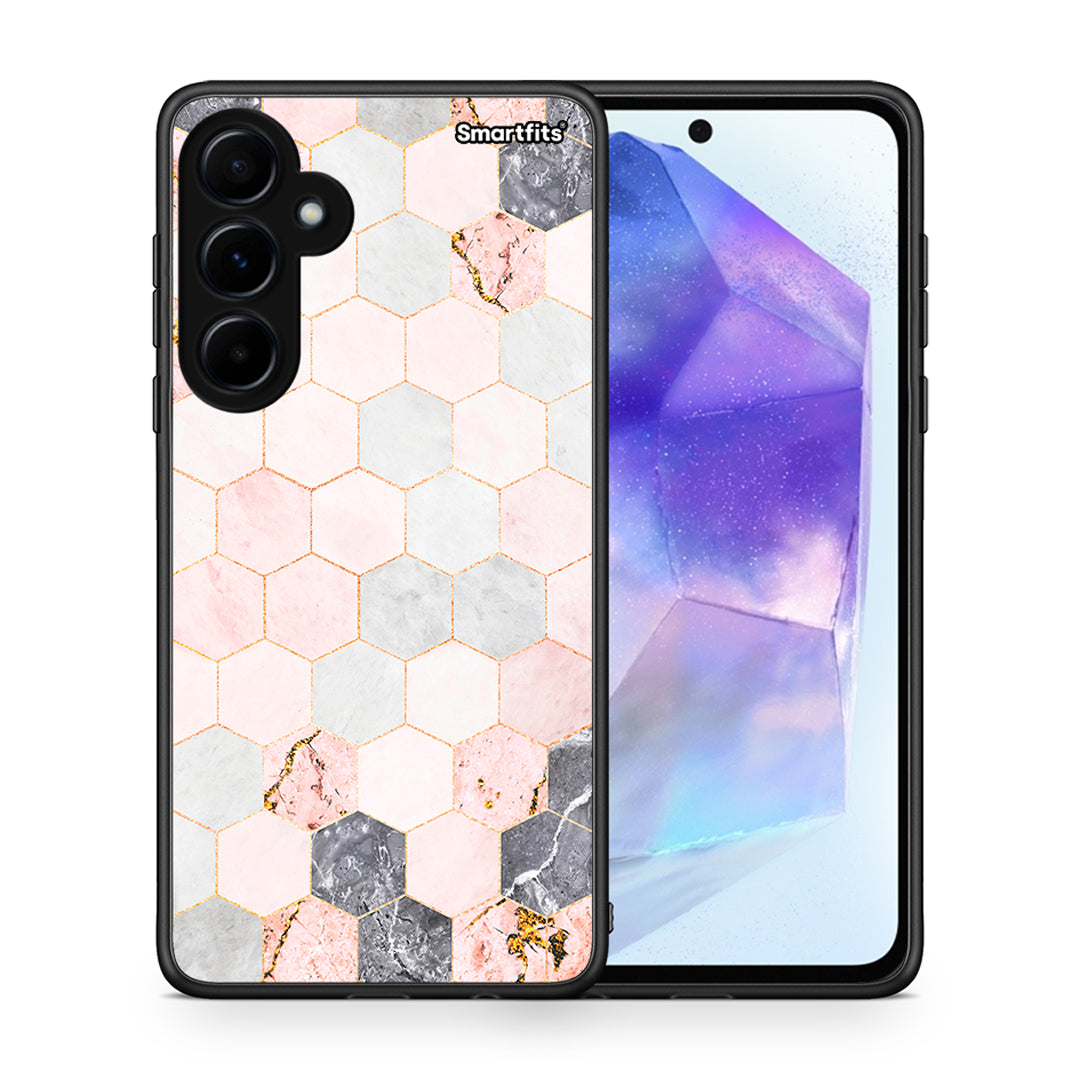 Θήκη Samsung Galaxy A55 Hexagon Pink Marble από τη Smartfits με σχέδιο στο πίσω μέρος και μαύρο περίβλημα | Samsung Galaxy A55 Hexagon Pink Marble case with colorful back and black bezels