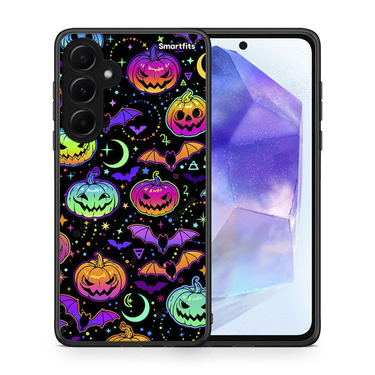 Θήκη Samsung Galaxy A55 Neon Halloween από τη Smartfits με σχέδιο στο πίσω μέρος και μαύρο περίβλημα | Samsung Galaxy A55 Neon Halloween case with colorful back and black bezels
