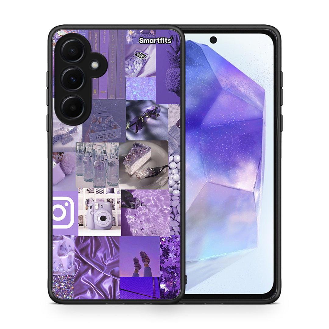 Θήκη Samsung Galaxy A55 Purple Aesthetic Collage από τη Smartfits με σχέδιο στο πίσω μέρος και μαύρο περίβλημα | Samsung Galaxy A55 Purple Aesthetic Collage case with colorful back and black bezels