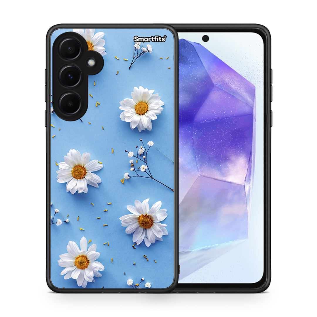 Θήκη Samsung Galaxy A55 Real Daisies από τη Smartfits με σχέδιο στο πίσω μέρος και μαύρο περίβλημα | Samsung Galaxy A55 Real Daisies case with colorful back and black bezels