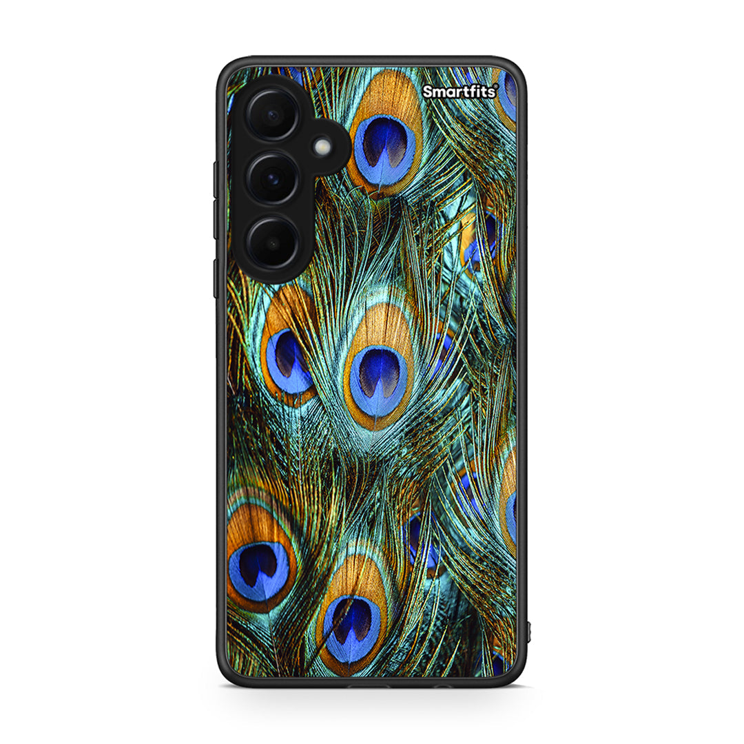 Samsung Galaxy A55 Real Peacock Feathers θήκη από τη Smartfits με σχέδιο στο πίσω μέρος και μαύρο περίβλημα | Smartphone case with colorful back and black bezels by Smartfits