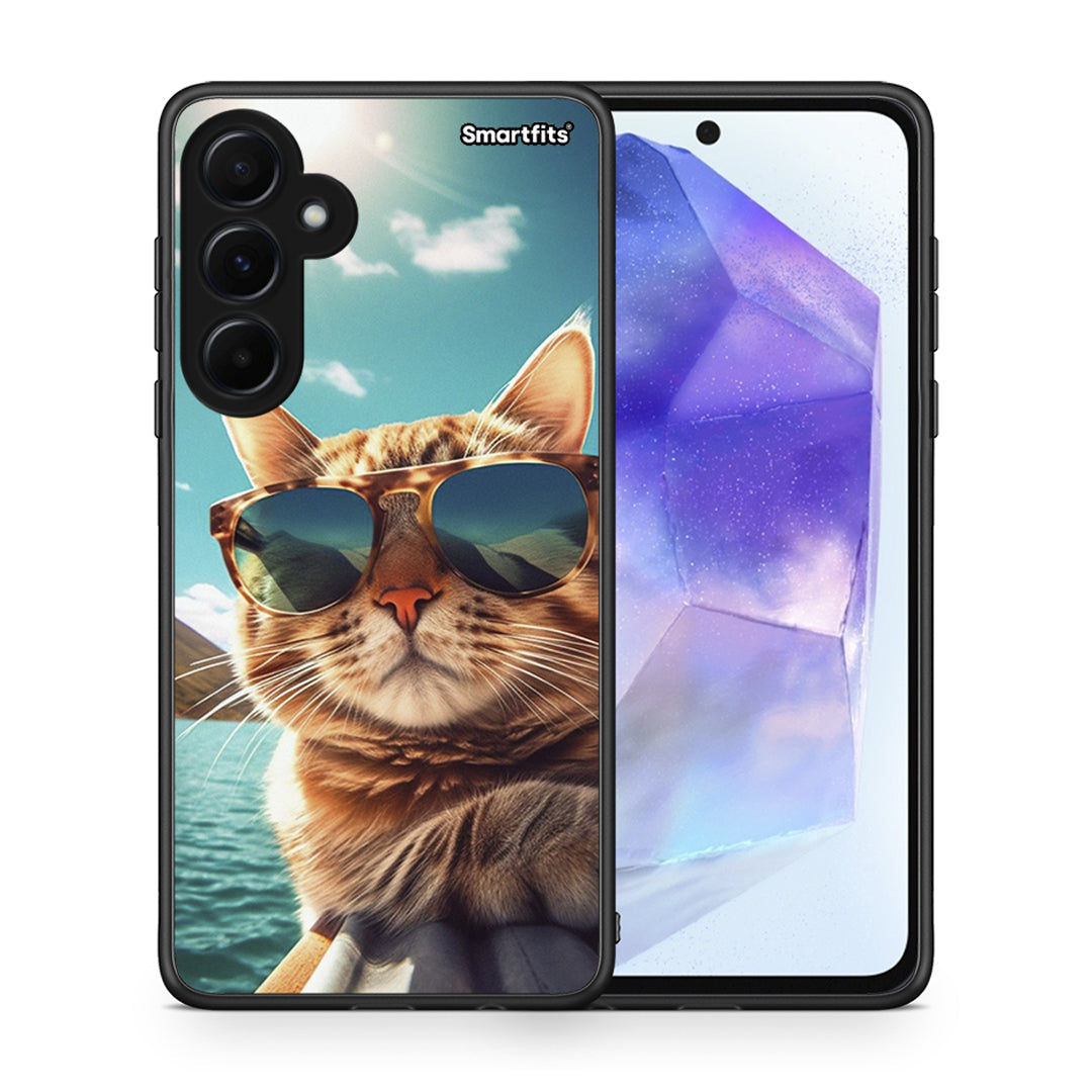 Θήκη Samsung Galaxy A55 Summer Cat από τη Smartfits με σχέδιο στο πίσω μέρος και μαύρο περίβλημα | Samsung Galaxy A55 Summer Cat case with colorful back and black bezels