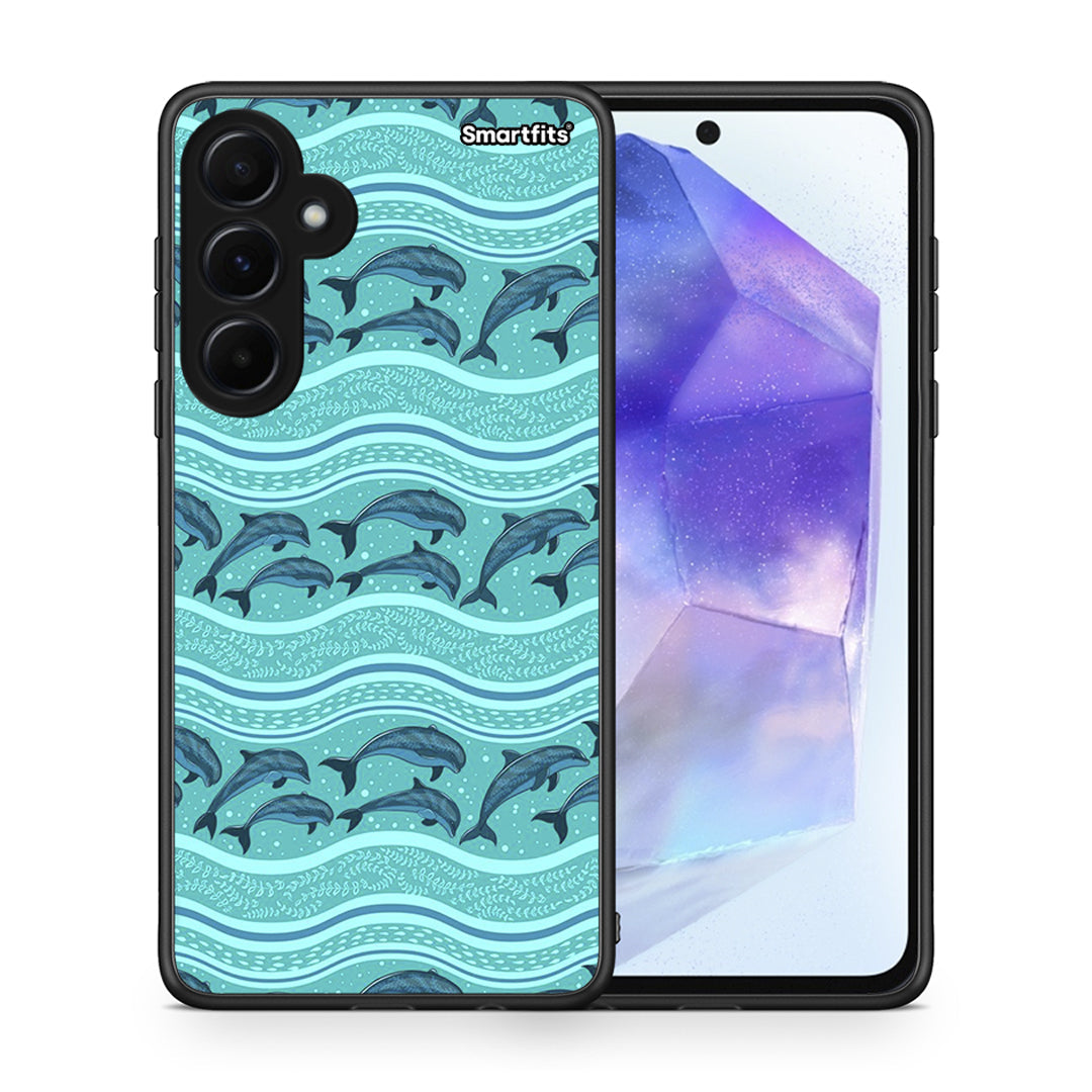 Θήκη Samsung Galaxy A55 Swimming Dolphins από τη Smartfits με σχέδιο στο πίσω μέρος και μαύρο περίβλημα | Samsung Galaxy A55 Swimming Dolphins case with colorful back and black bezels