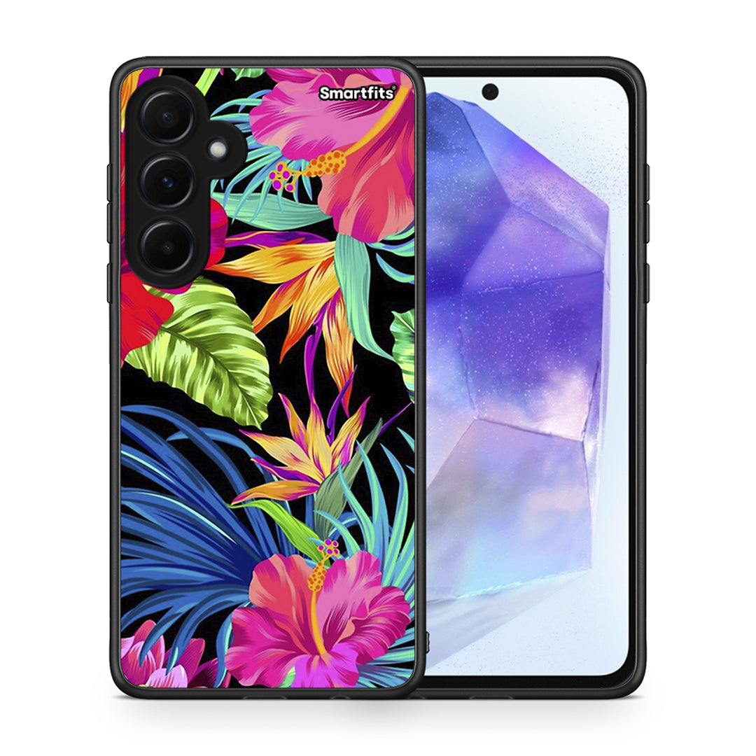 Θήκη Samsung Galaxy A55 Tropical Flowers από τη Smartfits με σχέδιο στο πίσω μέρος και μαύρο περίβλημα | Samsung Galaxy A55 Tropical Flowers case with colorful back and black bezels