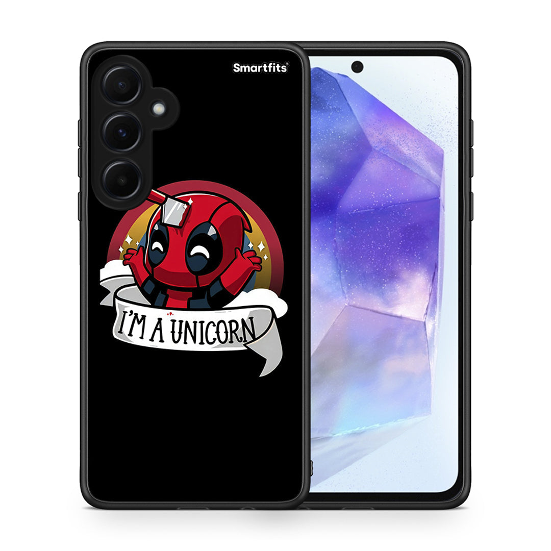 Θήκη Samsung Galaxy A55 Unicorn Deadpool από τη Smartfits με σχέδιο στο πίσω μέρος και μαύρο περίβλημα | Samsung Galaxy A55 Unicorn Deadpool case with colorful back and black bezels