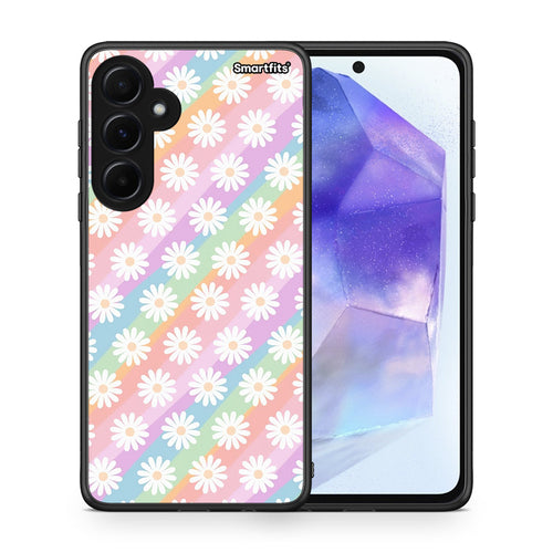 Θήκη Samsung Galaxy A55 White Daisies από τη Smartfits με σχέδιο στο πίσω μέρος και μαύρο περίβλημα | Samsung Galaxy A55 White Daisies case with colorful back and black bezels