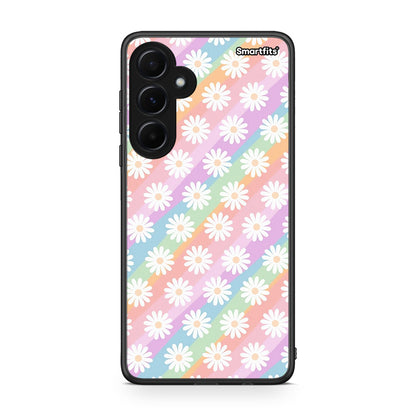 Samsung Galaxy A55 White Daisies θήκη από τη Smartfits με σχέδιο στο πίσω μέρος και μαύρο περίβλημα | Smartphone case with colorful back and black bezels by Smartfits